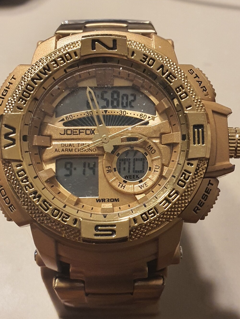 Joe Fox Dual Time Goldtone Stainless Steel Ana-Digil Alarm Chrono Men's Watch